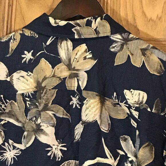 Brandini Pure Silk Hawaiian Shirt Men's L Navy Tan Floral SS Top Loop Button Up - Picture 8 of 11